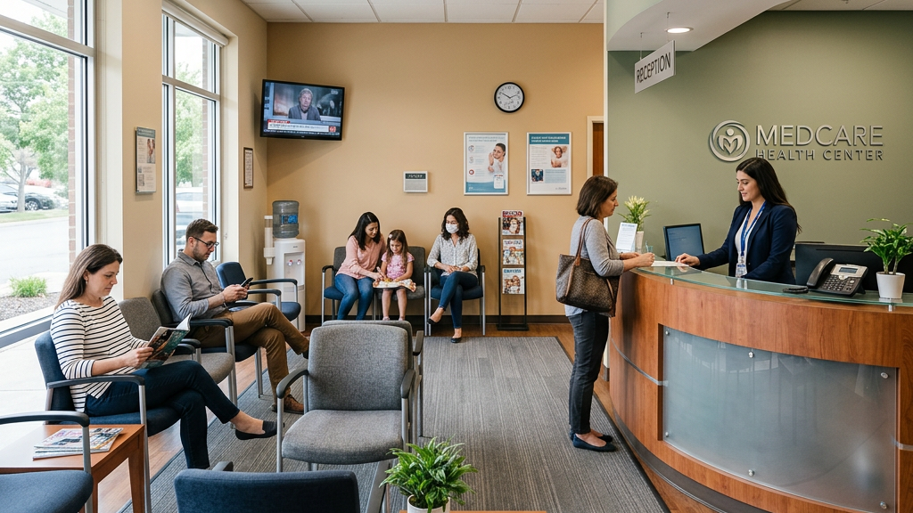 Healthcare clinic waiting room with seated patients and receptionist at front desk