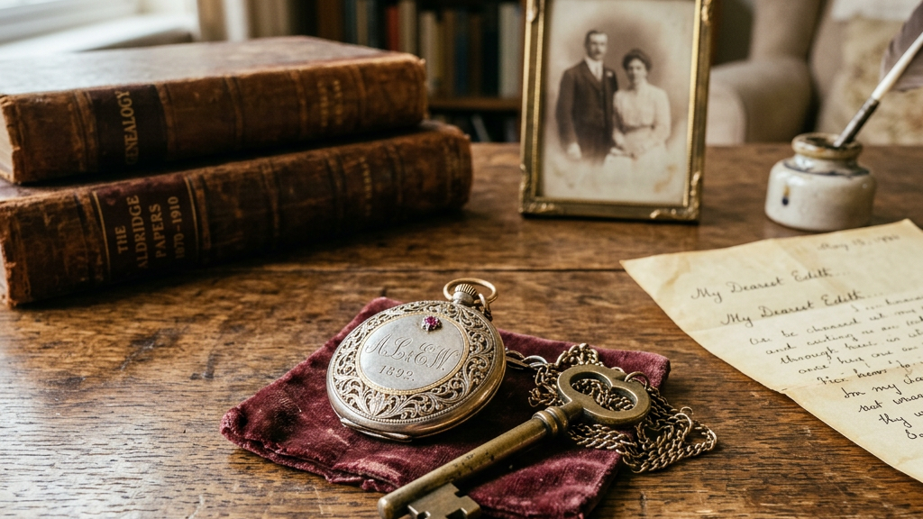 Engraved pocket watch, brass key, old letters, framed sepia photo, and vintage books on wooden table