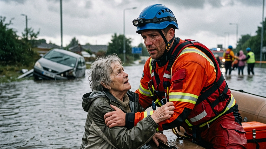 Firefighter helping elderly woman from floodwaters next to rescue boat