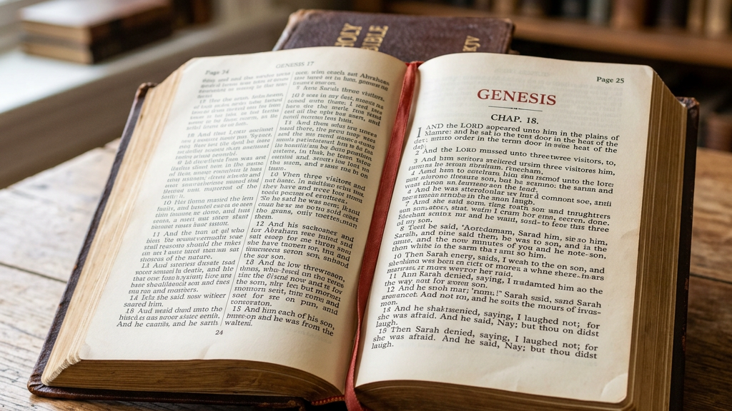 Open Bible showing Genesis chapter 18 and surrounding pages on a wooden table with red ribbon bookmark
