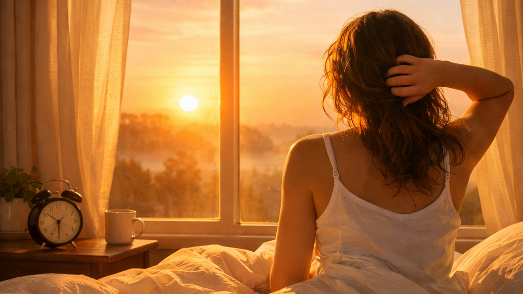 Woman sitting on bed looking out window at sunrise