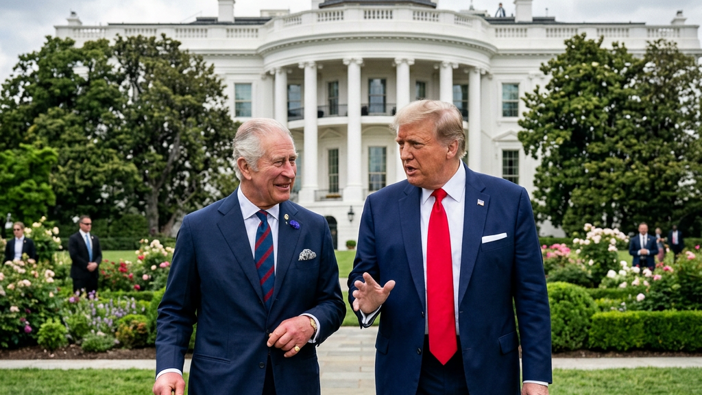 Two men in suits walking and talking on a stone path in front of the White House