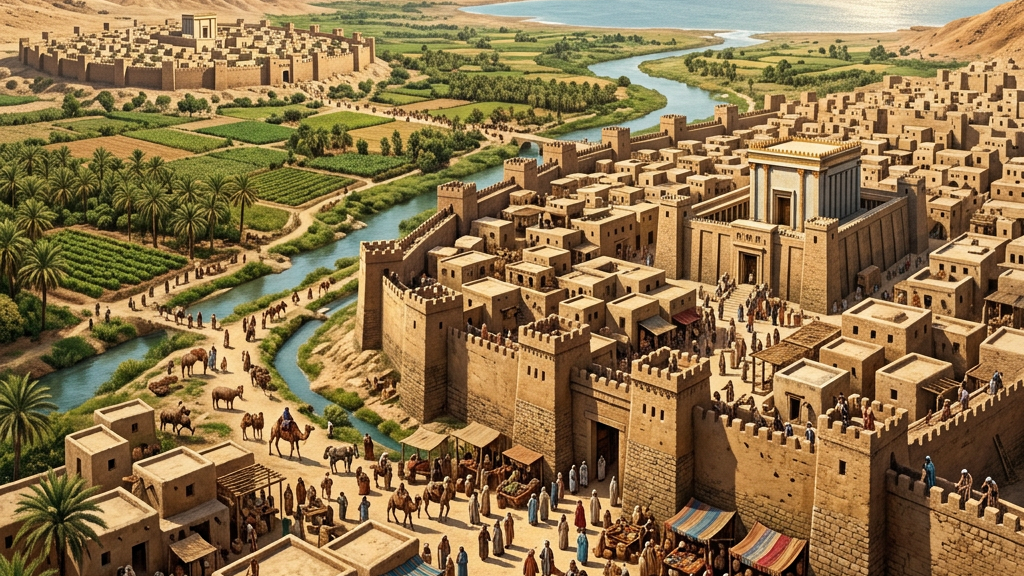 Ancient Mesopotamian city with fortified walls, river, marketplace, and surrounding farmland.