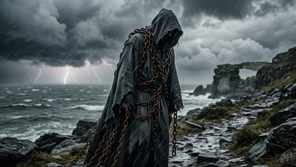 Hooded figure wrapped in large chains on a rocky coastline during storm with lightning