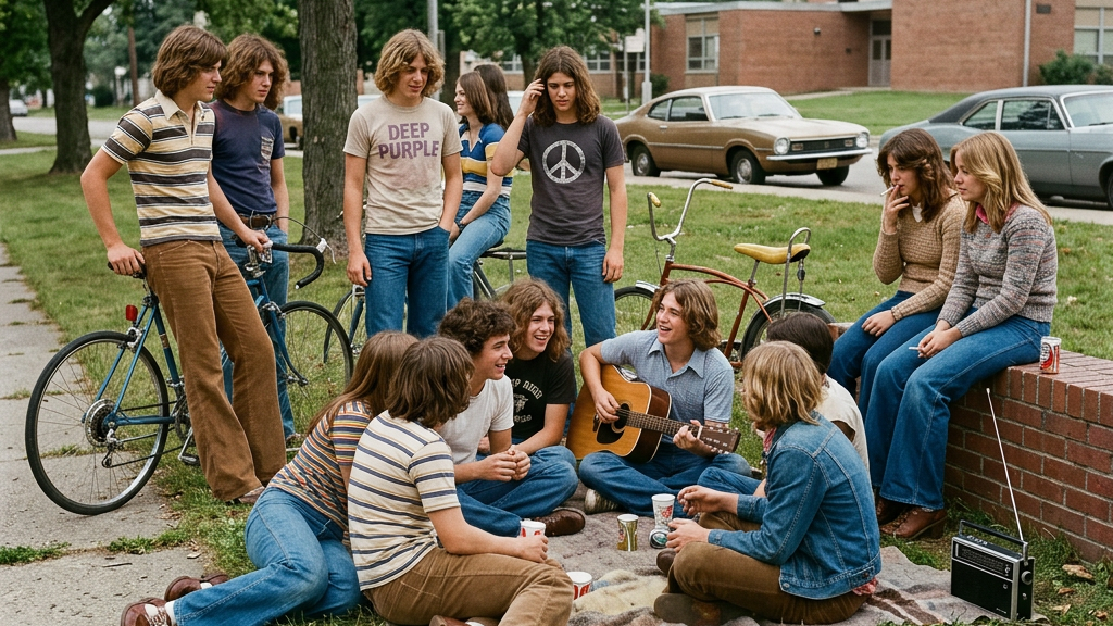 Group of teenagers gathered on grass, some sitting on blanket, one playing guitar, others standing with bicycles nearby