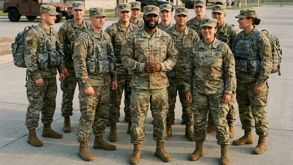 Group of U.S. Army soldiers standing outdoors in uniform, smiling and posing for a photo