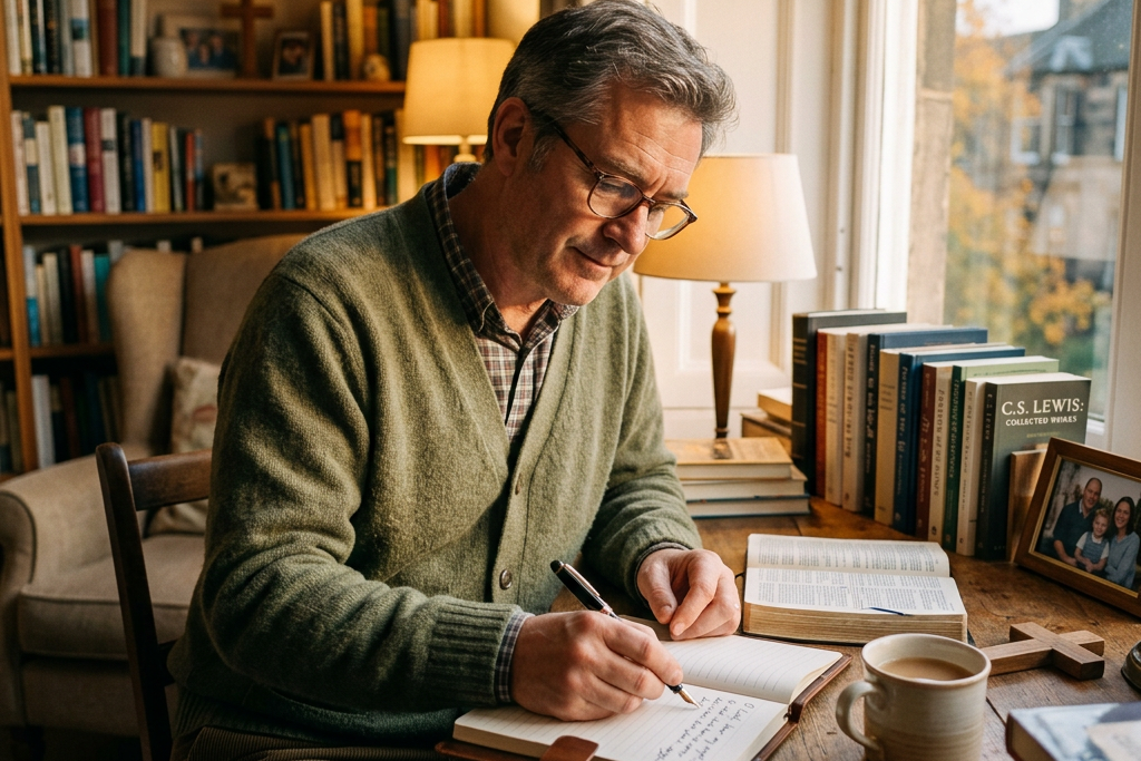 Middle-aged man writing in journal at wooden desk surrounded by books and a coffee mug