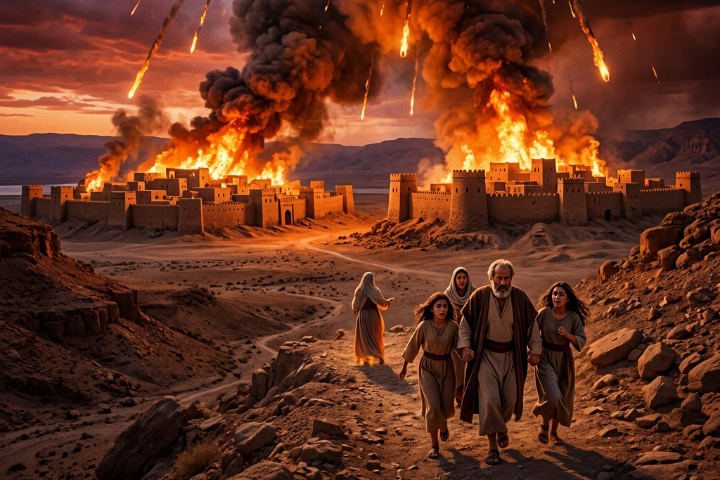 Ancient city engulfed in flames with people fleeing on rocky desert path