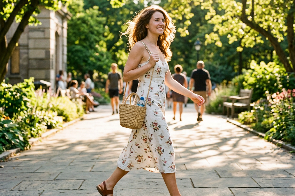 Woman in floral dress walking through shaded park pathway