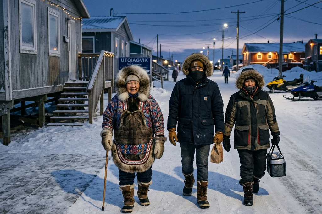 Three people wearing parkas walking on a snowy street in Utqiaġvik with houses and streetlights in the background.