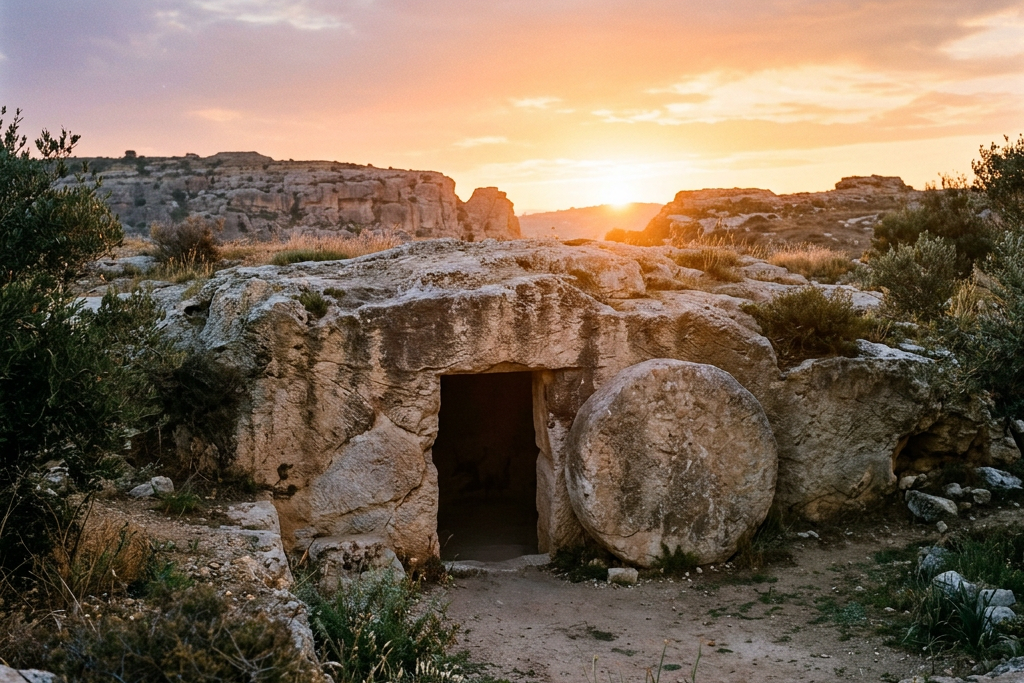 Ancient rock-cut tomb with round stone door partially open under sunset sky