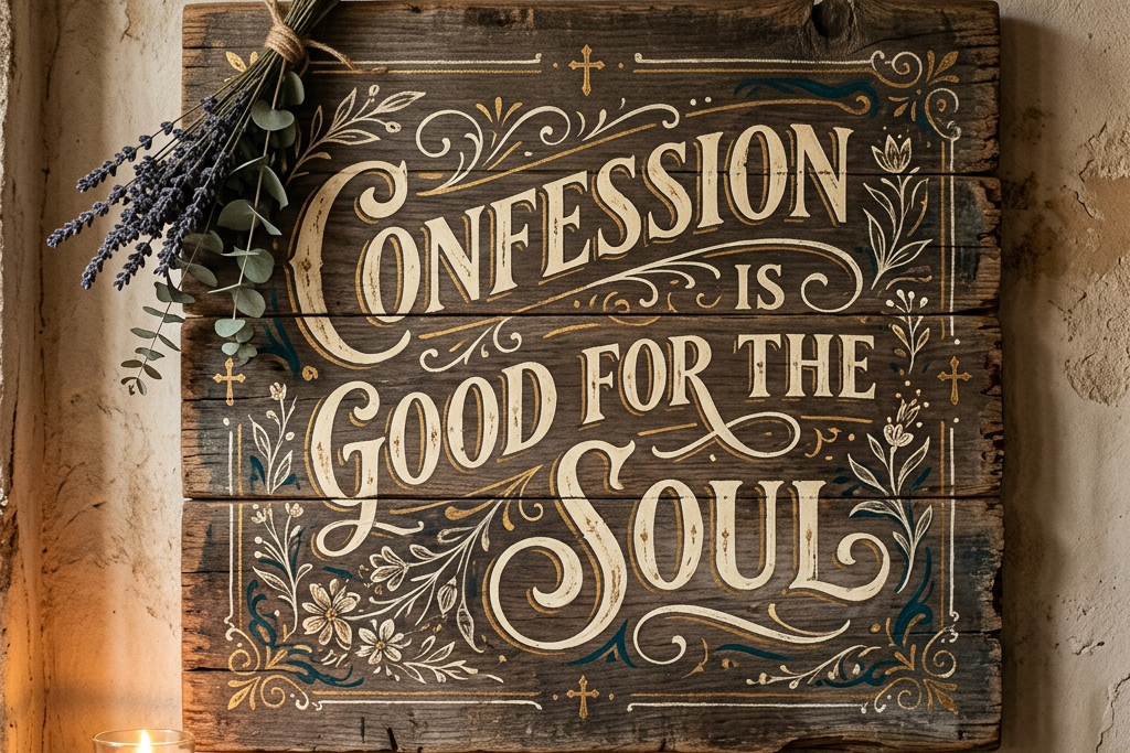 Wooden sign with text 'Confession is good for the soul' decorated with floral designs and small crosses