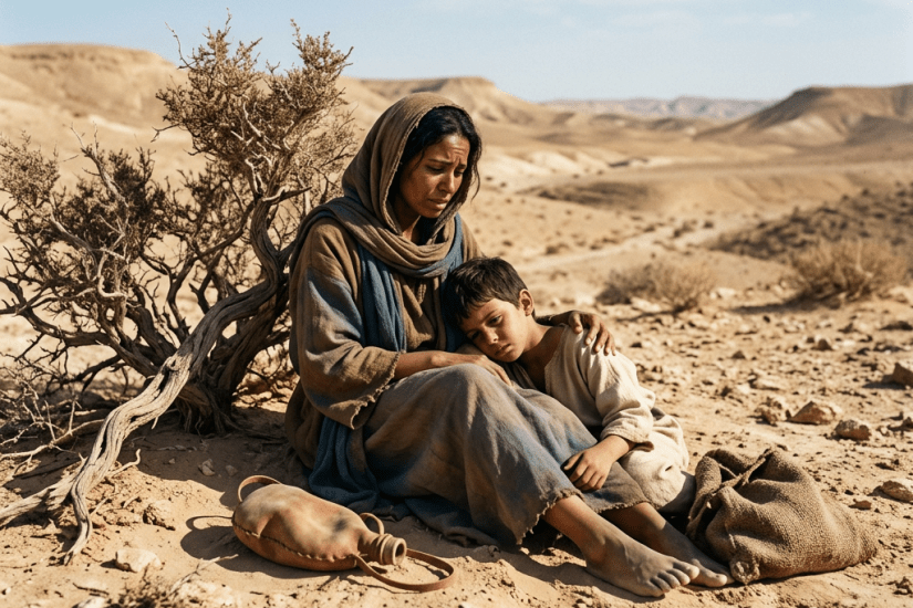 A mother hugging her tired child, seated on sandy desert ground with sparse bushes and distant hills