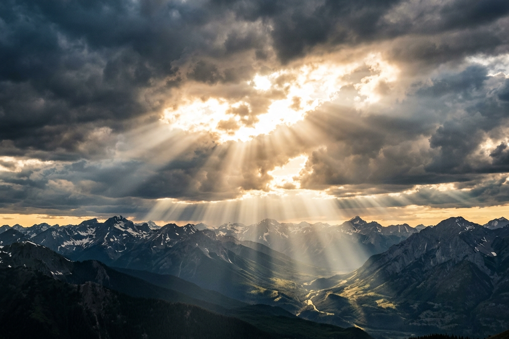 Rays of sunlight breaking through dark clouds above mountains