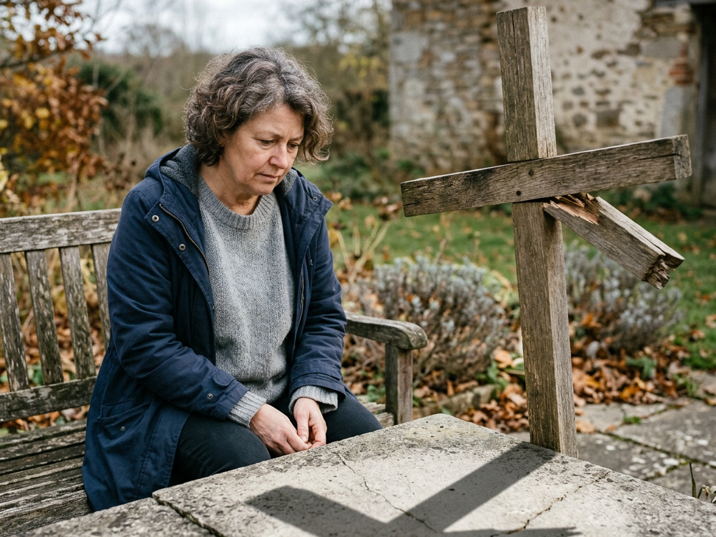 Woman sitting on bench looking down near a broken wooden cross in outdoor setting