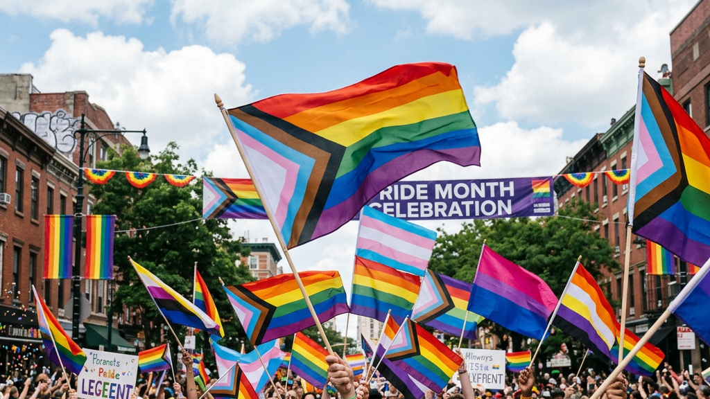 Crowd celebrating Pride Month waving rainbow and progress Pride flags in street