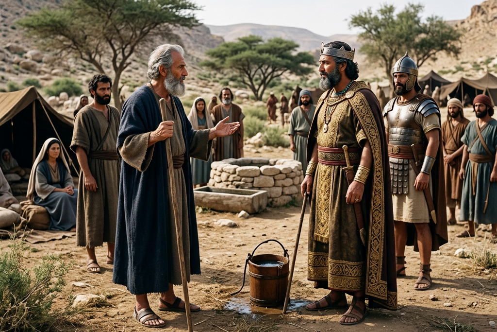 An elder man with a staff speaks to a crowned king in ornate robes, surrounded by soldiers and villagers in a desert encampment.