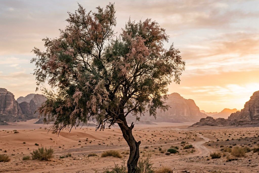 A single tree with green and pinkish foliage in a desert with rocky mountains and a winding path at sunset