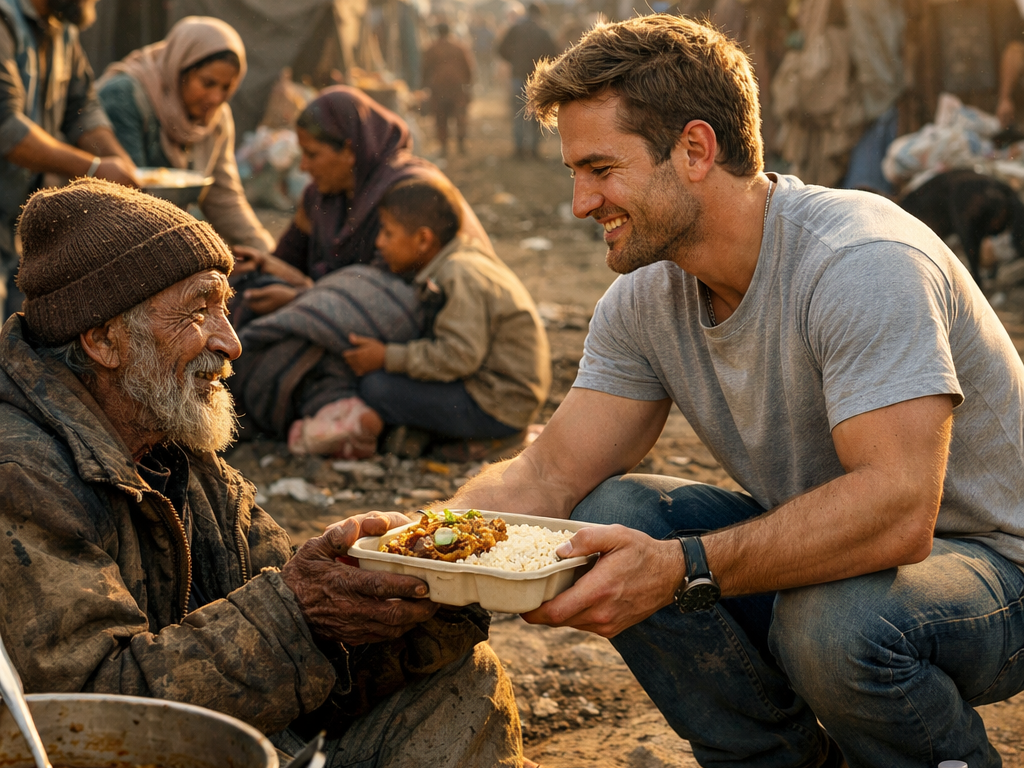 Volunteer giving a food tray to an elderly man at an outdoor relief camp