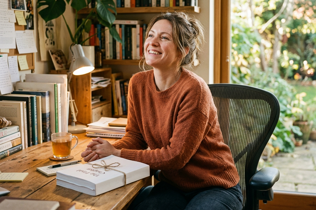 Woman in orange sweater sitting at a wooden desk with books and tea in a home office with large window