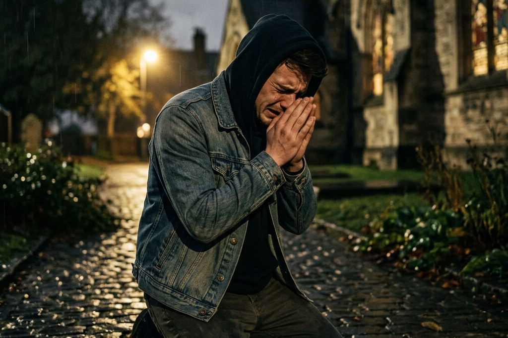 Man kneeling on wet cobblestone path outside church, holding hands near face and crying.