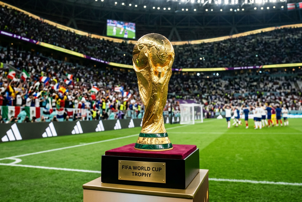 Golden FIFA World Cup trophy on a pedestal at a soccer stadium