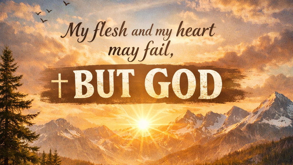Mountain sunrise over a lake with Psalm 73 text about God's strength