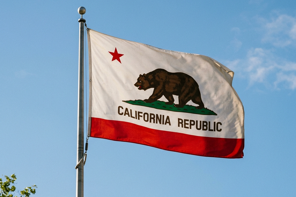 California Republic flag with a bear and red star on white background