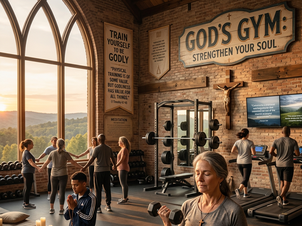 People praying and exercising in a gym with Christian signs and a crucifix
