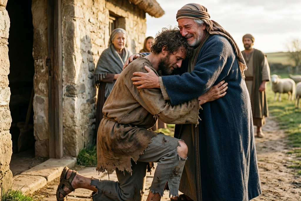 Man in ragged clothes kneeling and embracing older man in blue robe outside stone house