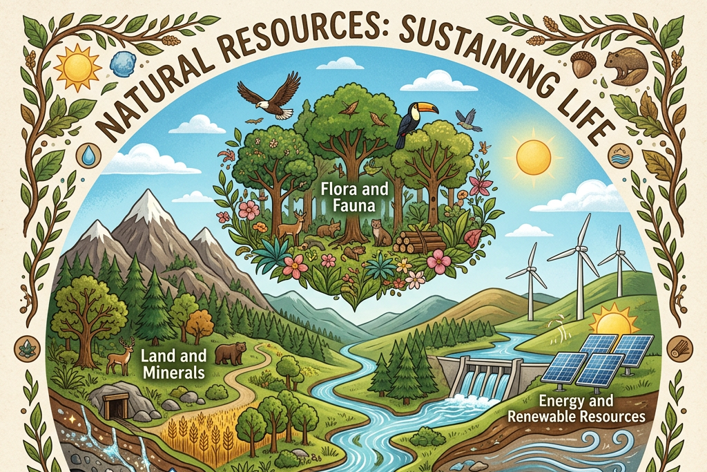 Illustration of natural resources including flora and fauna, land and minerals, water and marine resources, and energy and renewable resources.