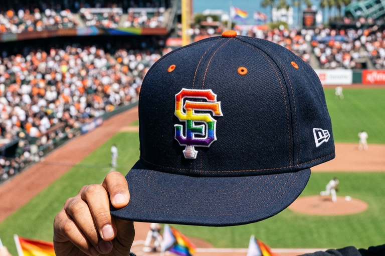 San Francisco Giants hat with rainbow logo held up by a fan in a crowded baseball stadium