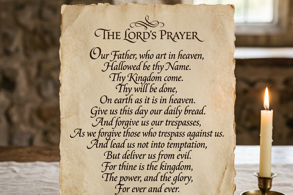 The Lord's Prayer text on aged parchment with a candle and a wooden rosary on a wooden table