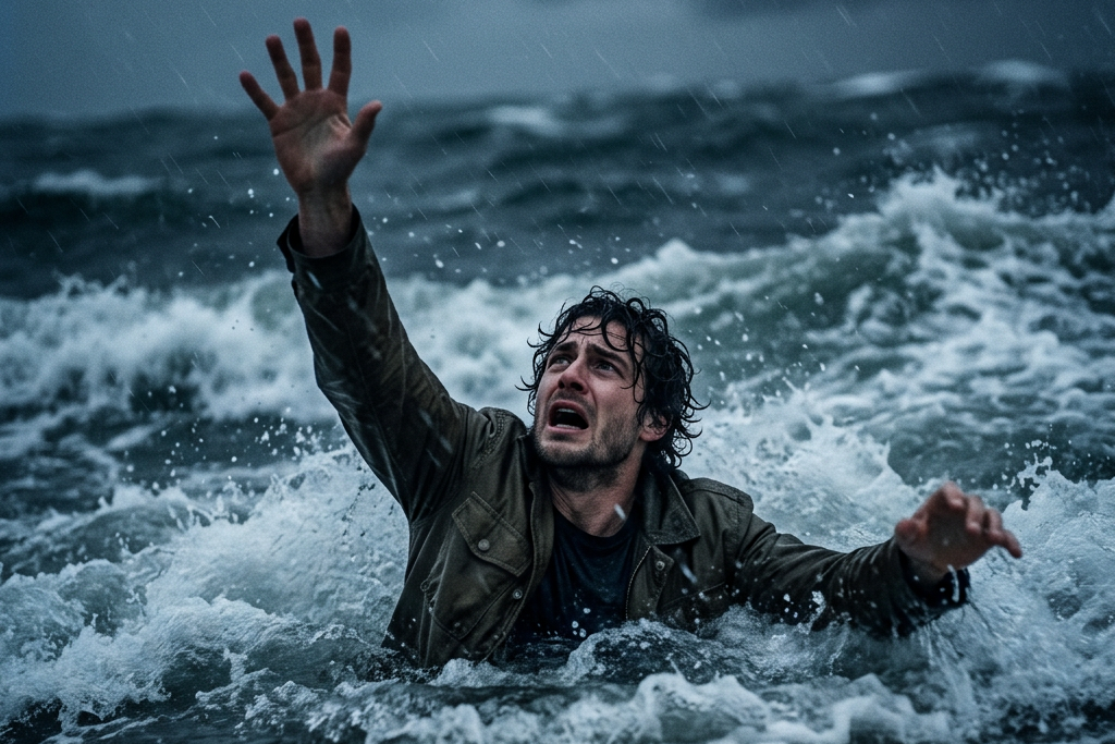 Man struggling in turbulent ocean waves reaching out with one hand