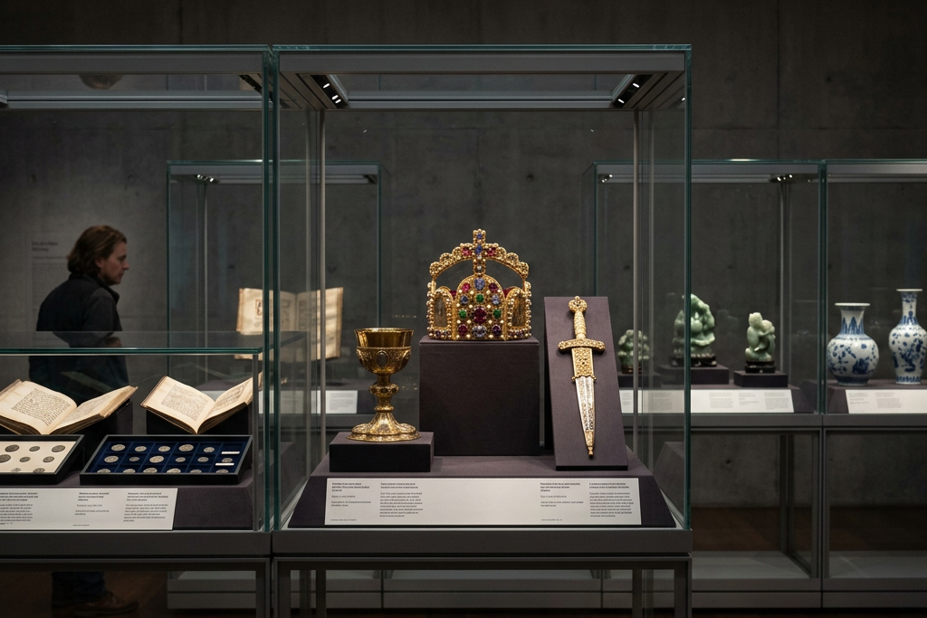 Jeweled crown, golden chalice, and decorative sword displayed in glass case