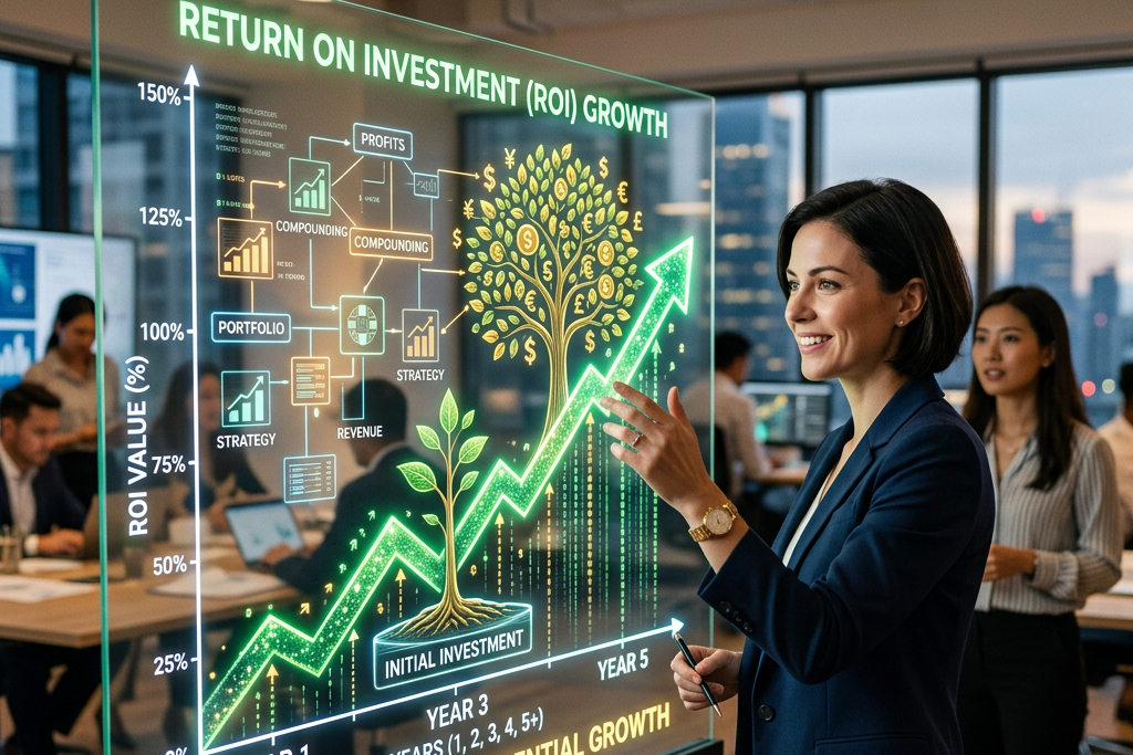 Businesswoman interacting with holographic ROI growth chart showing exponential increase and financial symbols
