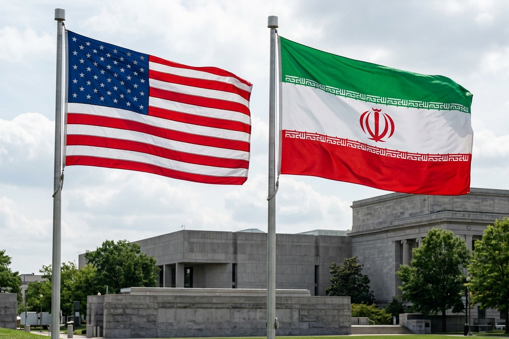United States and Iran national flags flying on poles outdoors