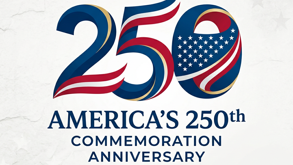 America's 250th commemoration anniversary logo with stylized number 250 featuring American flag colors and stars