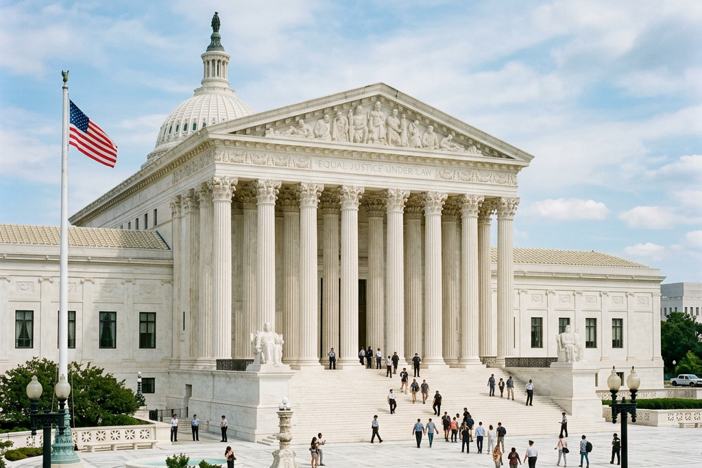 US Supreme Court building with columns and dome, people walking on stairs and plaza, and American flag on flagpole