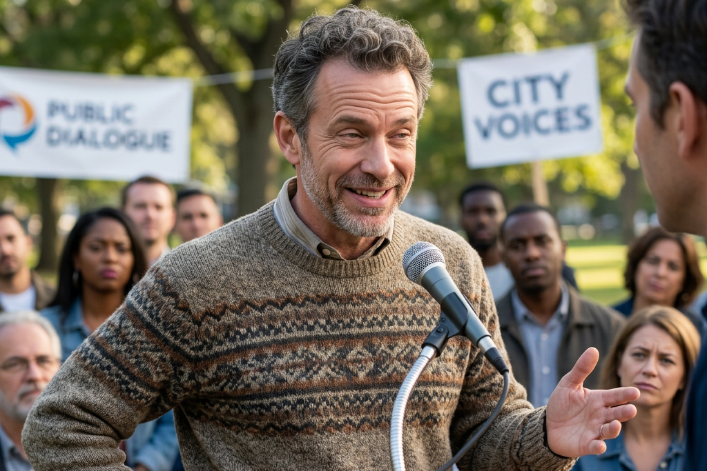 Man speaking at microphone during community forum with crowd