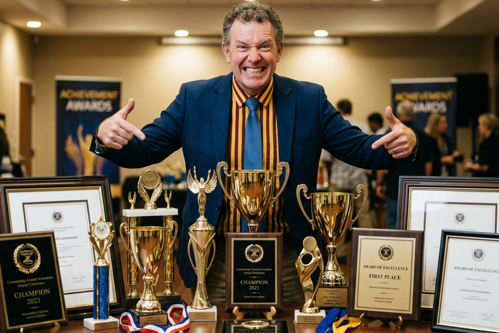 Man standing behind a table filled with trophies, medals, and framed certificates at an achievement awards ceremony