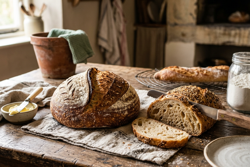Rustic wooden table with round and sliced artisanal breads, butter, jar of flour, and kitchen items