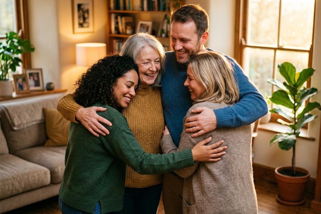 Four adults hugging and smiling in a warm, sunlit living room.