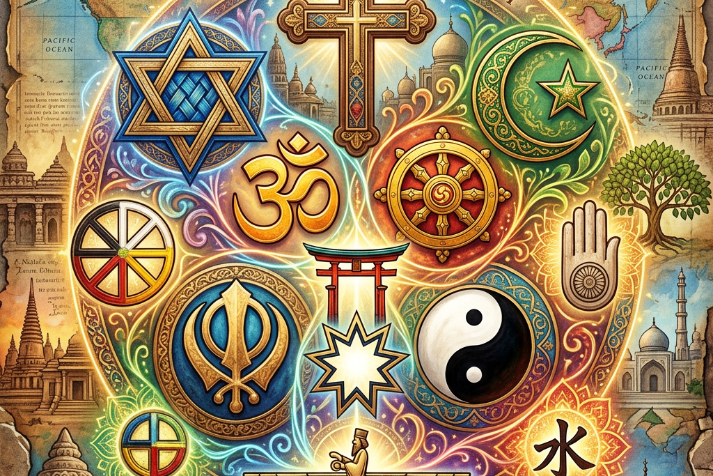 Emblem featuring symbols of major world religions including Star of David, Cross, Crescent Moon and Star, Om, Dharmachakra, Sikh Khanda, Yin Yang, and others with a world map and monuments in the background