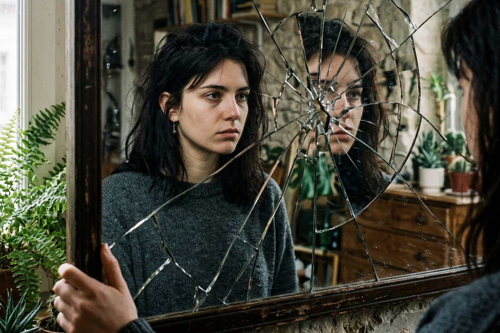 Young woman looking at her fragmented reflection in a broken mirror