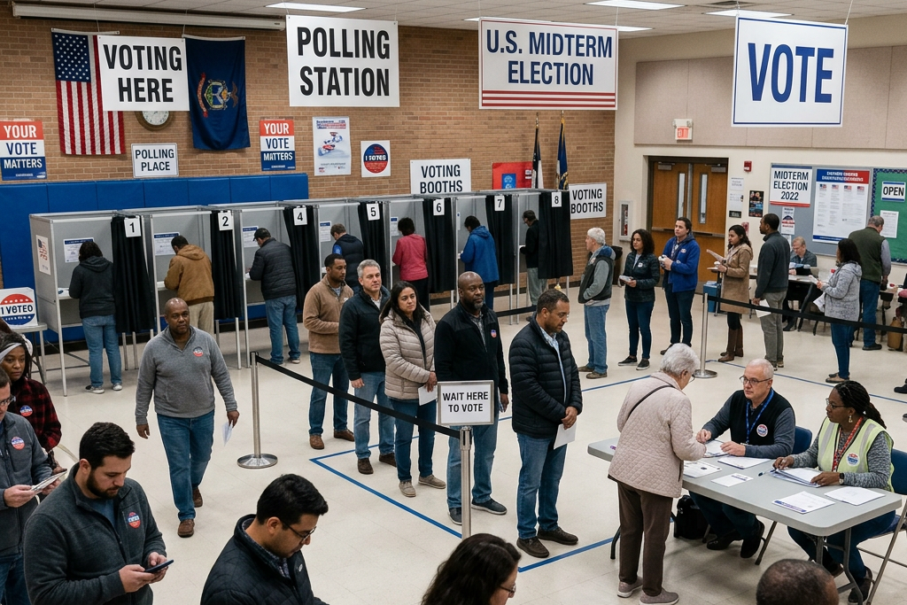 People waiting in line and voting at polling booths during U.S. midterm election