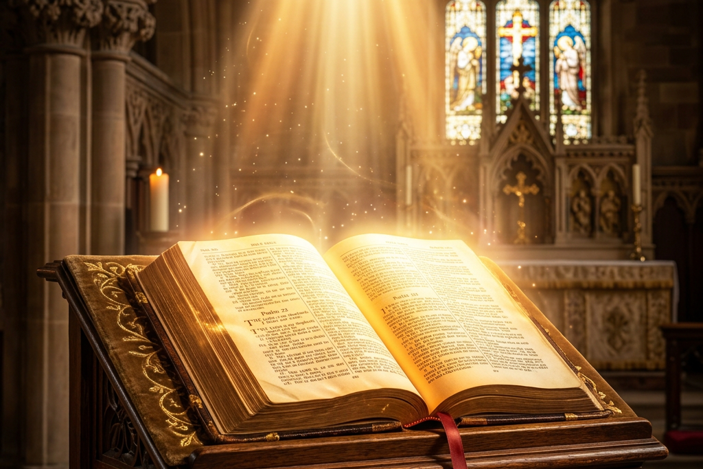 Open Bible glowing with golden light on wooden lectern inside church