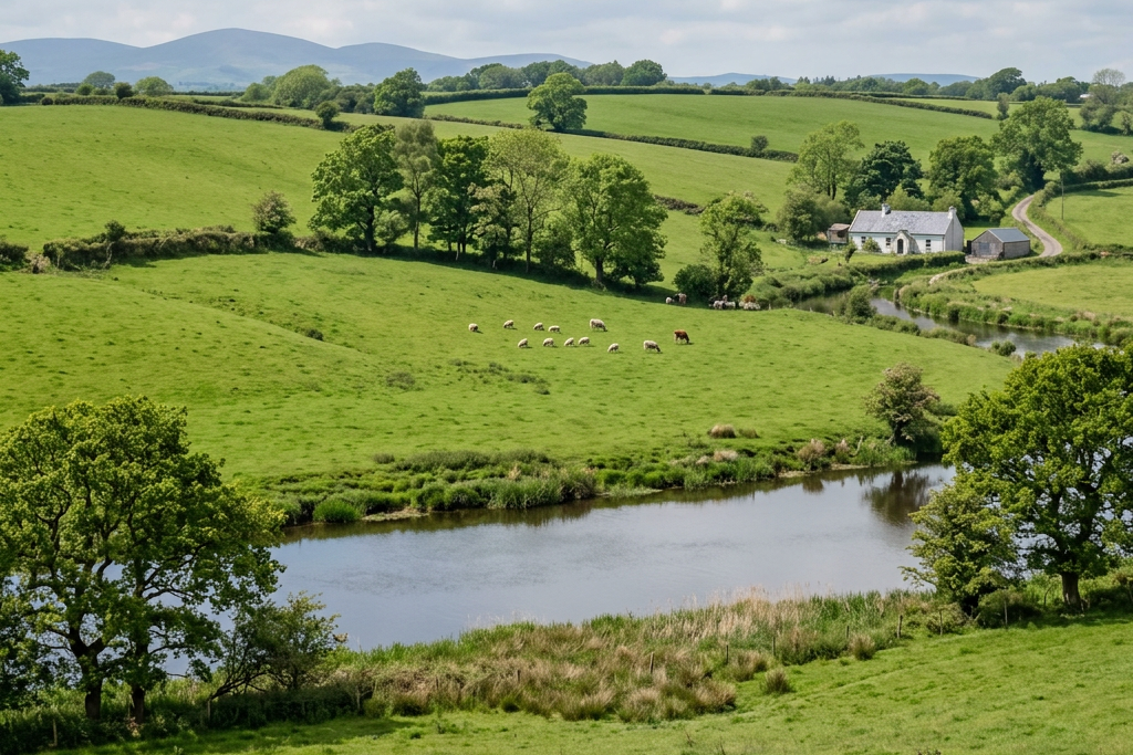 Green fields with sheep grazing near a river and a small white house in the background
