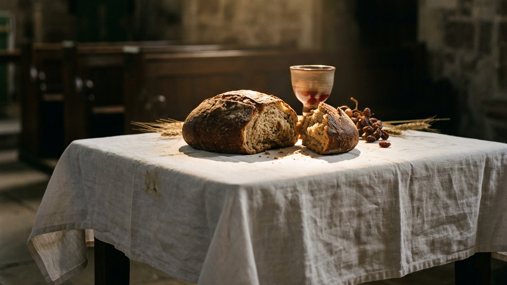 Loaf and piece of bread, cup with wine, and grapes on table in church