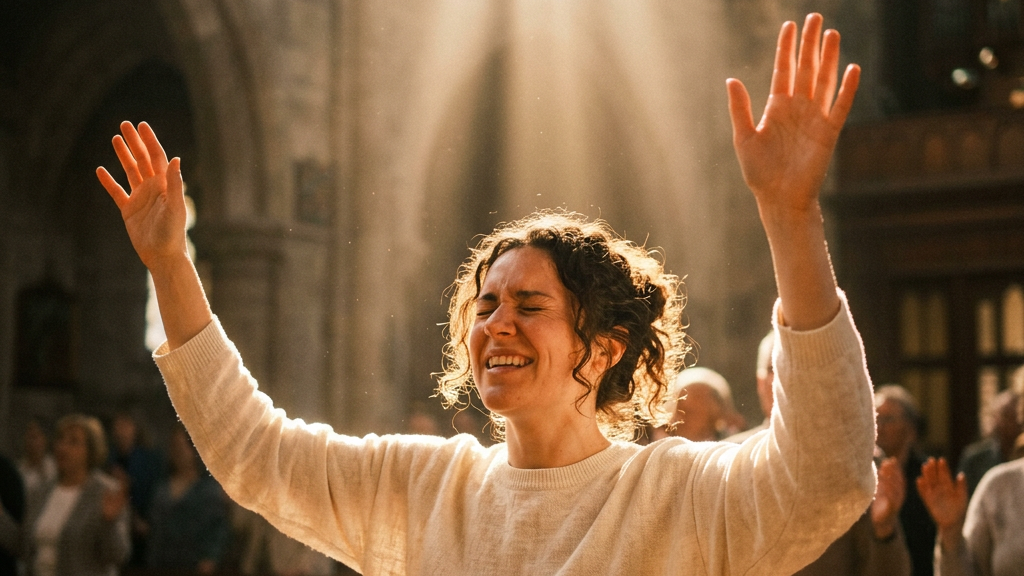 Woman with raised hands joyfully worshiping in church under sunlight